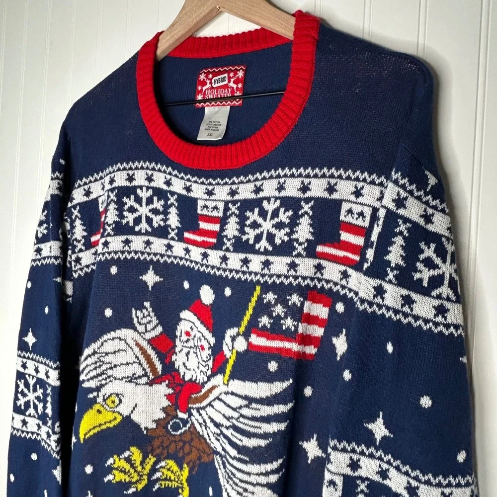 Hybrid Mens Ugly Christmas Sweater 2XL Santa Eagle USA Flag Patriotic Holiday